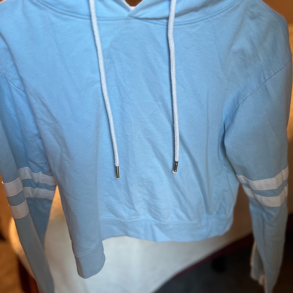 Light Blue Cropped Hoodie with White Stripes